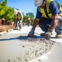 workers are pouring and smoothing concrete on sidewalk showcasing teamwork and craftsmanship in construction scene is vibrant with greenery and residential buildings in background free photo